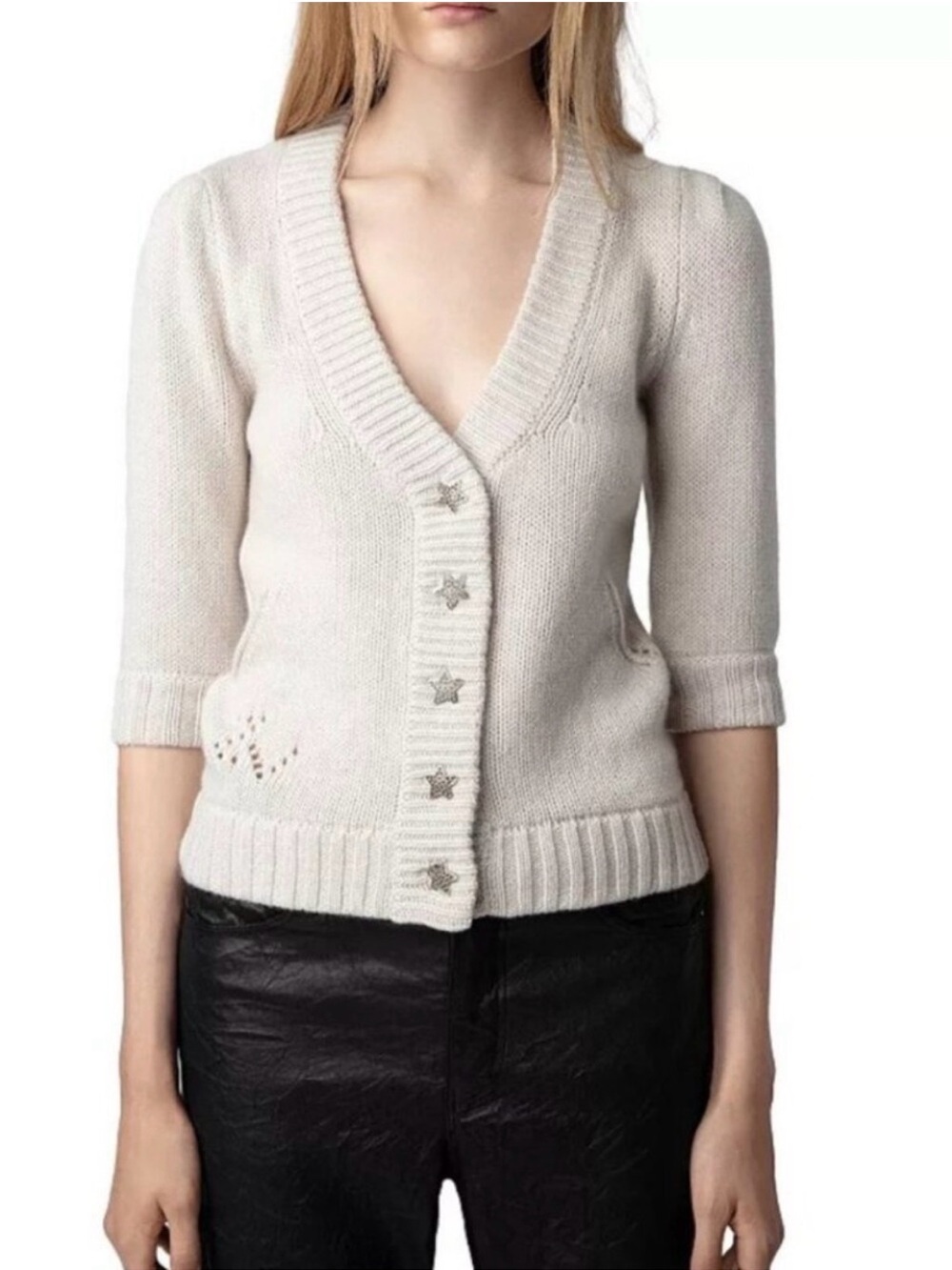 Zadig & Voltaire Betsy Cashmere Pave Star-Button Cream Sweater Cardigan
